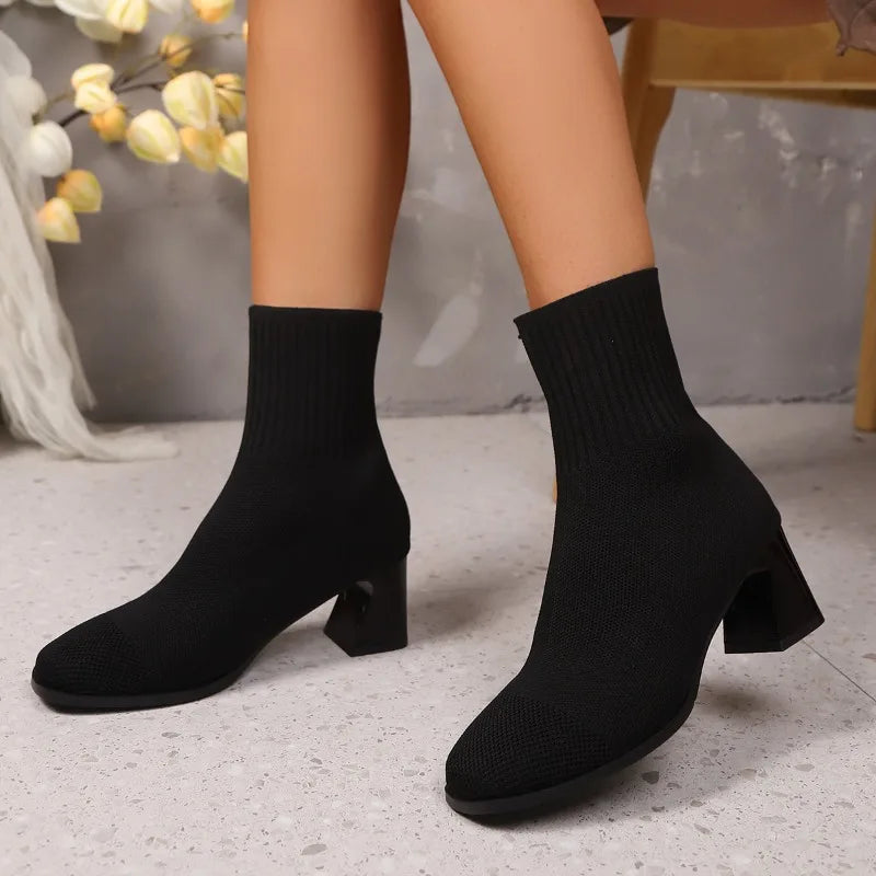 Botins Meias de Malha Femininos com Salto Quadrado — Primavera Outono Inverno