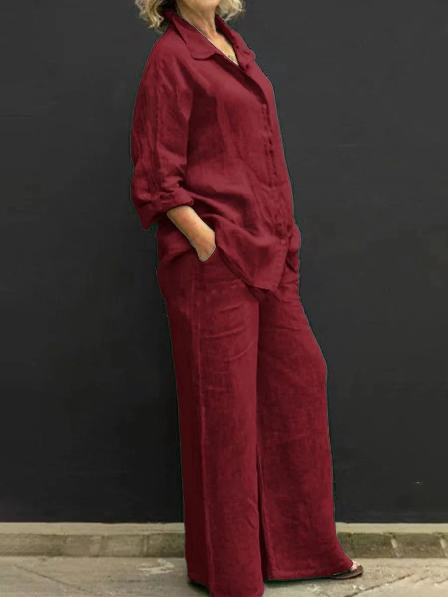 Conjunto Feminino de Linho - Blusa de Botoes e Calcas de Perna Larga