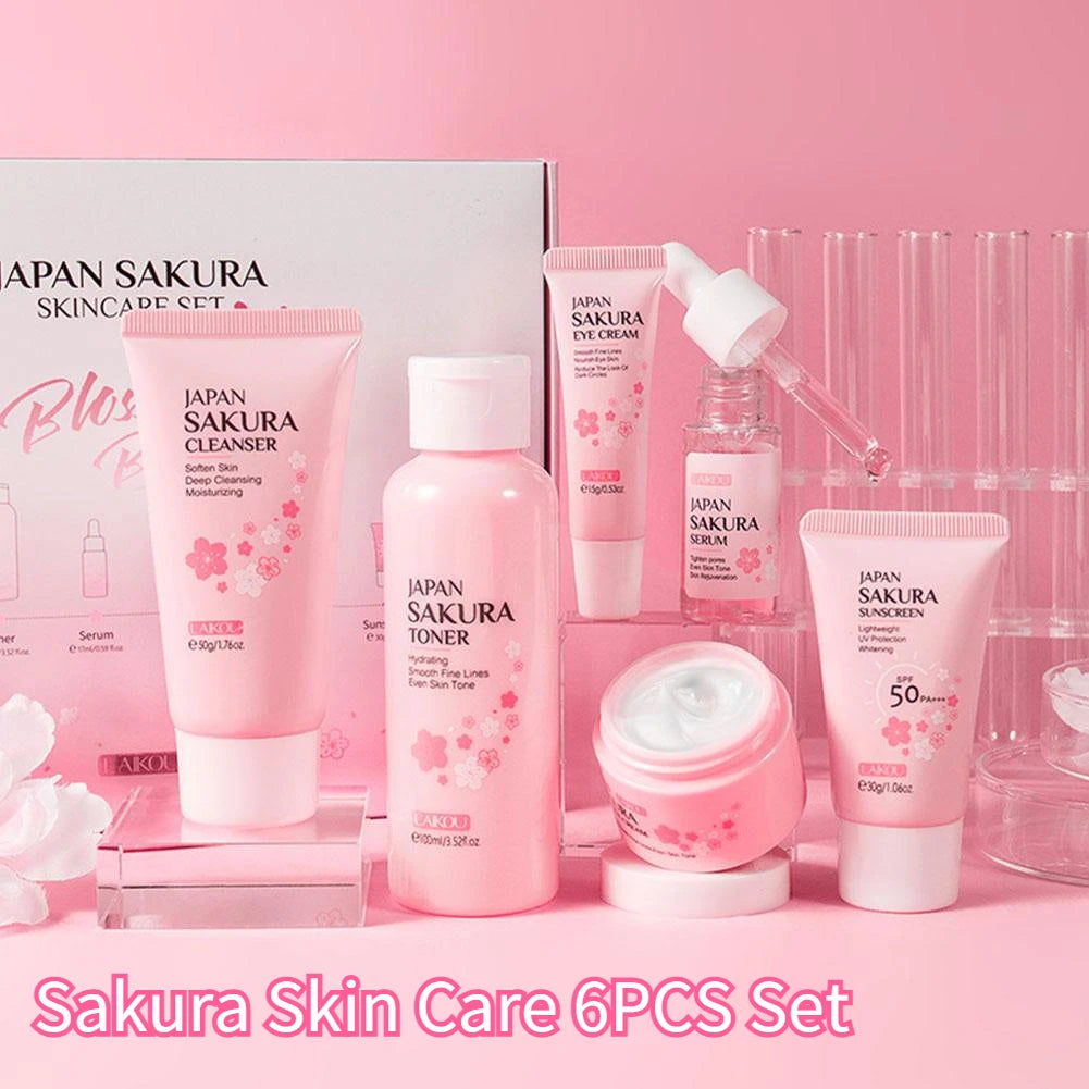 Kit Skincare Sakura 6 peças — Creme, Sérum, Tónico, Protetor Solar e Creme de Olhos