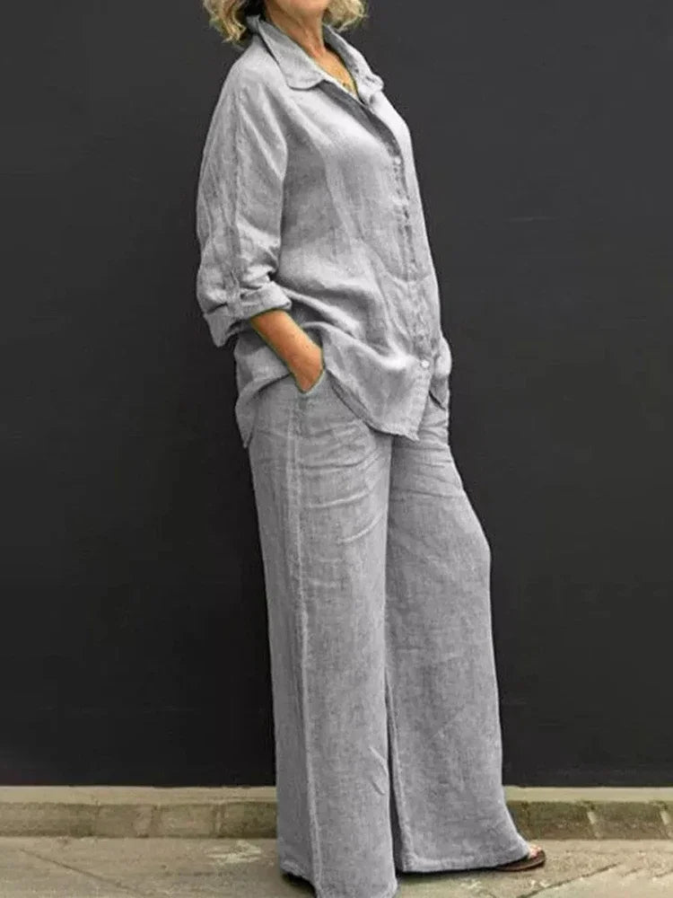 Conjunto Feminino de Linho - Blusa de Botoes e Calcas de Perna Larga