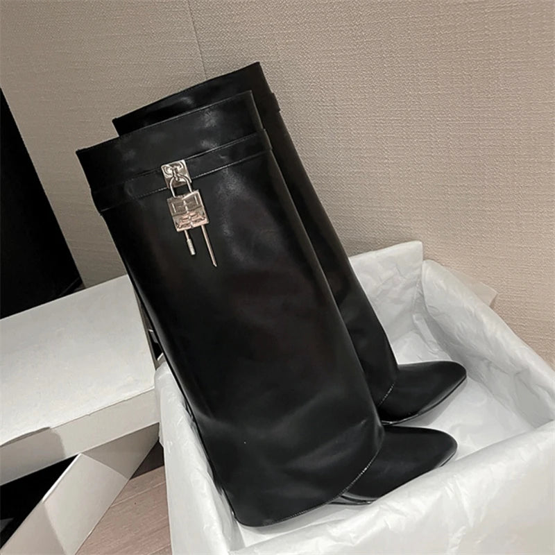 Botas Gothic Over-the-Knee Femininas com Cunha e Forro em Pelo — Estilo Biker Quente