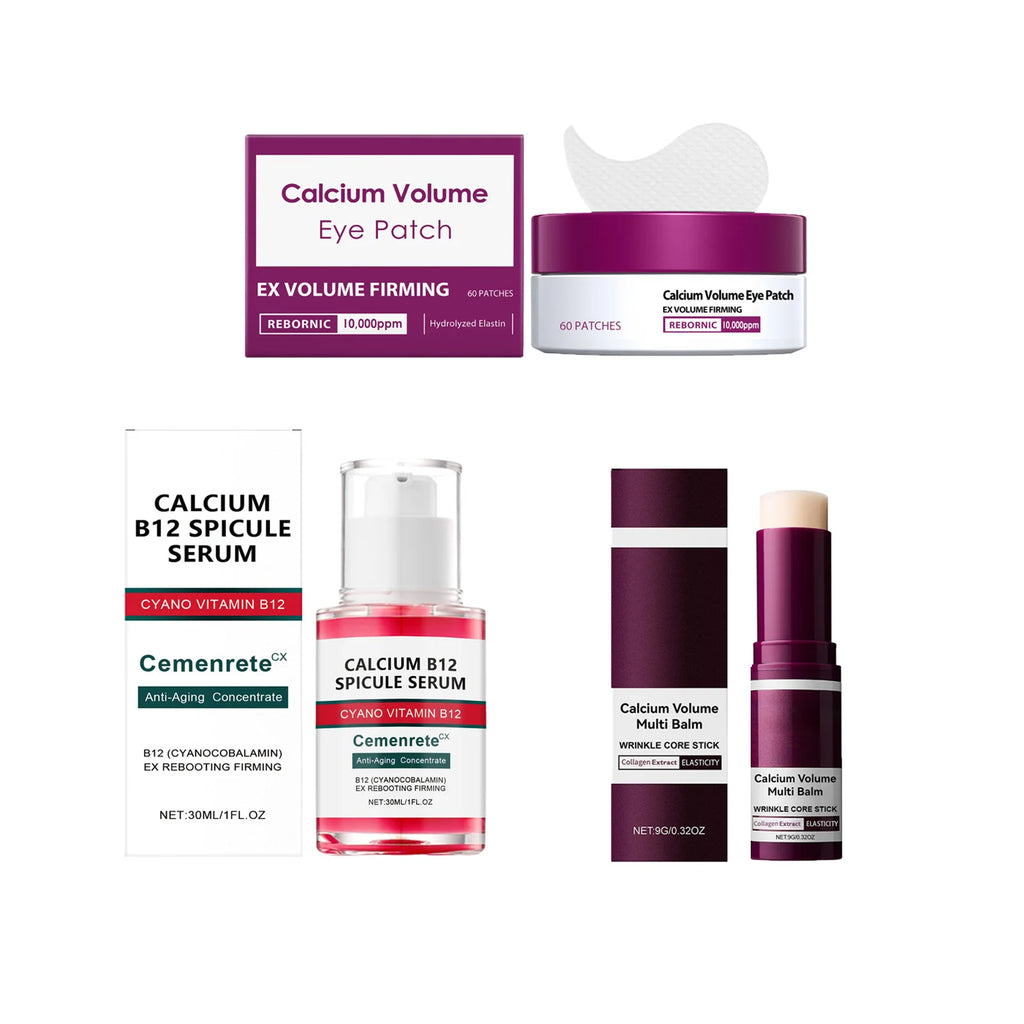 Kit Skincare Anti-Envelhecimento com Cálcio — Sérum, Patches e Bálsamo