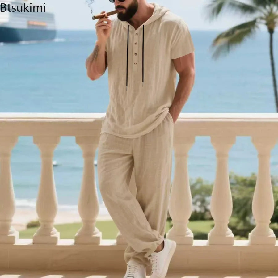 Conjunto Masculino Linho com Capuz - Hoodie e Calcas de Perna Larga