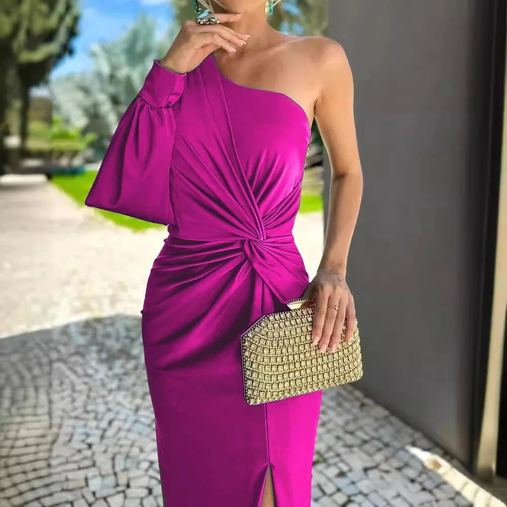 Vestido Longo de Festa com Fenda e Um Ombro para Casamento e Formatura