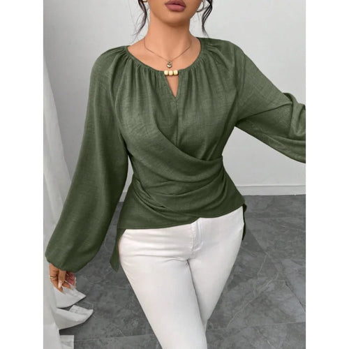Blusa Feminina Elegante - Gola Redonda Perolas e Mangas Lanterna