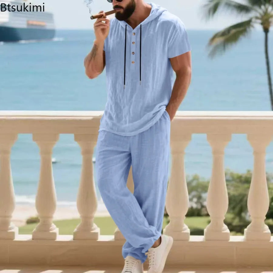 Conjunto Masculino Linho com Capuz - Hoodie e Calcas de Perna Larga