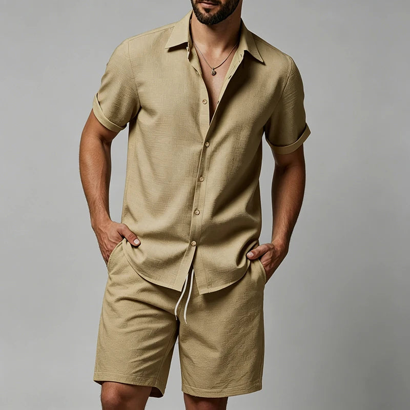 Conjunto Masculino Linho - Camisa Manga Curta e Calcoes de Praia
