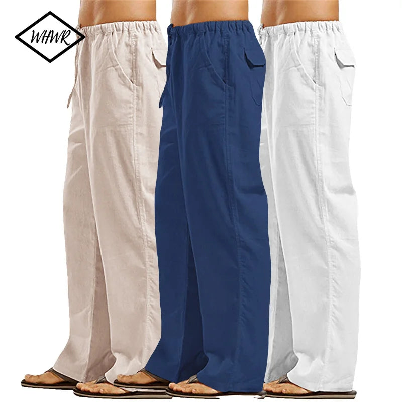 Calcas Masculinas Linho Corte Reto com Cordao e Bolsos