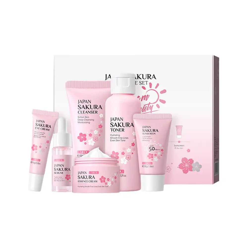 Kit Skincare Sakura 6 peças — Creme, Sérum, Tónico, Protetor Solar e Creme de Olhos