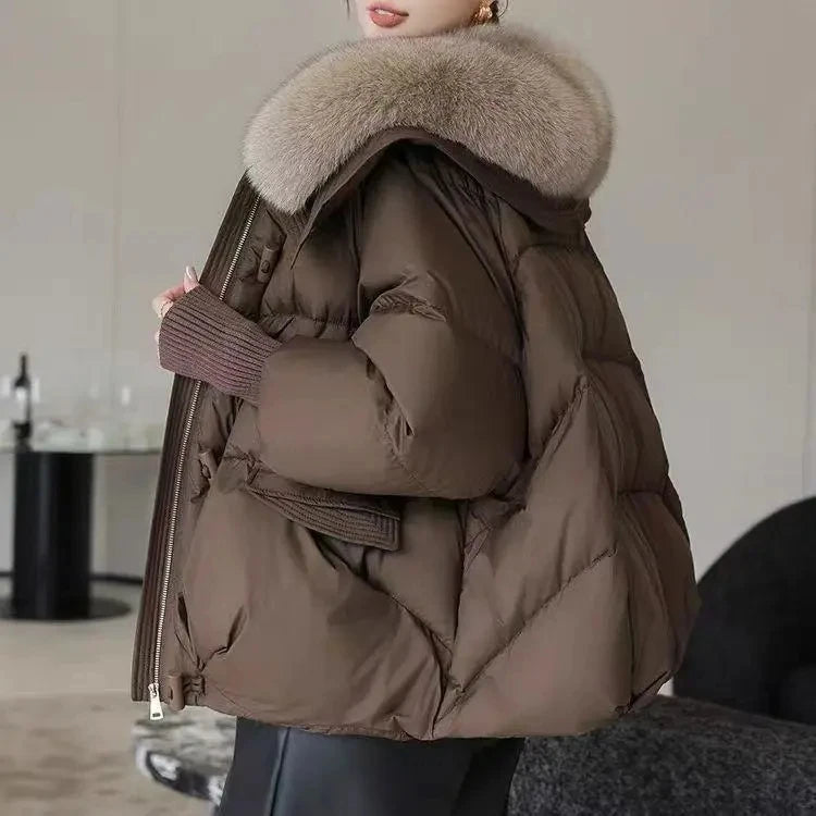 Casaco Parka Feminino com Gola de Pelo Grande | Acolchoado Quente de Inverno 2025