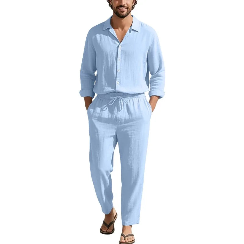 Conjunto Masculino Linho Manga Comprida - Camisa Protecao Solar e Calcas