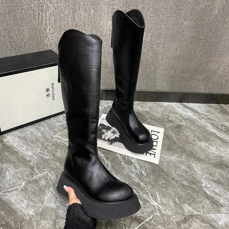 Botas Altas Femininas com Plataforma e Fecho Zip — Estilo Coreano Inverno