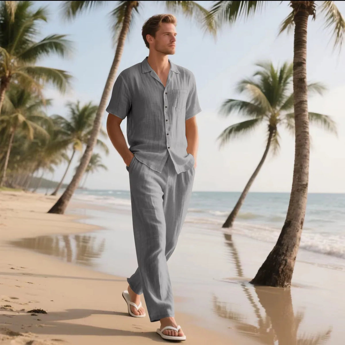 Conjunto Masculino Linho Verao - Camisa Manga Curta e Calcas Praia