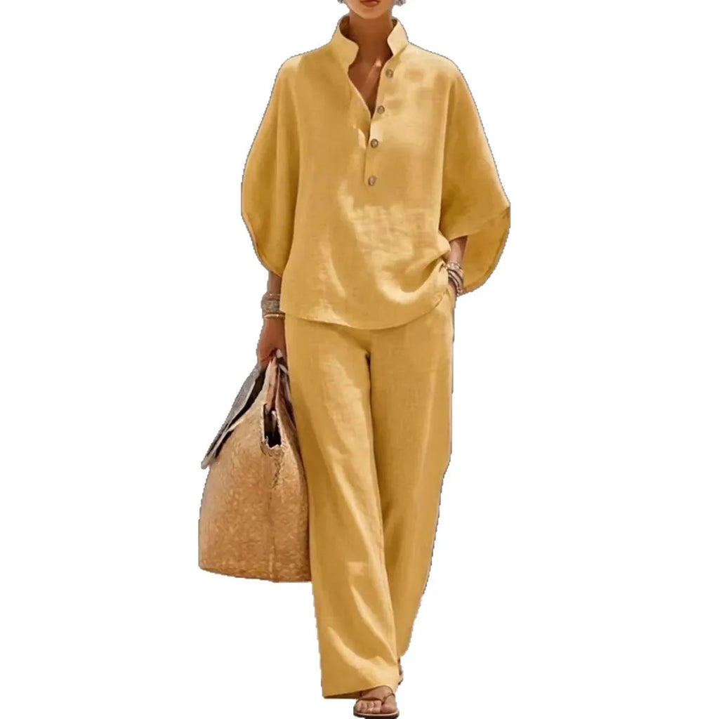 Conjunto Feminino Algodao Linho - Top de Botoes e Calcas de Perna Larga