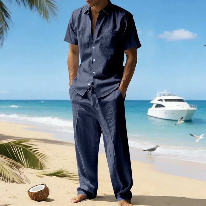 Conjunto Masculino Linho Verao - Camisa Manga Curta e Calcas Compridas