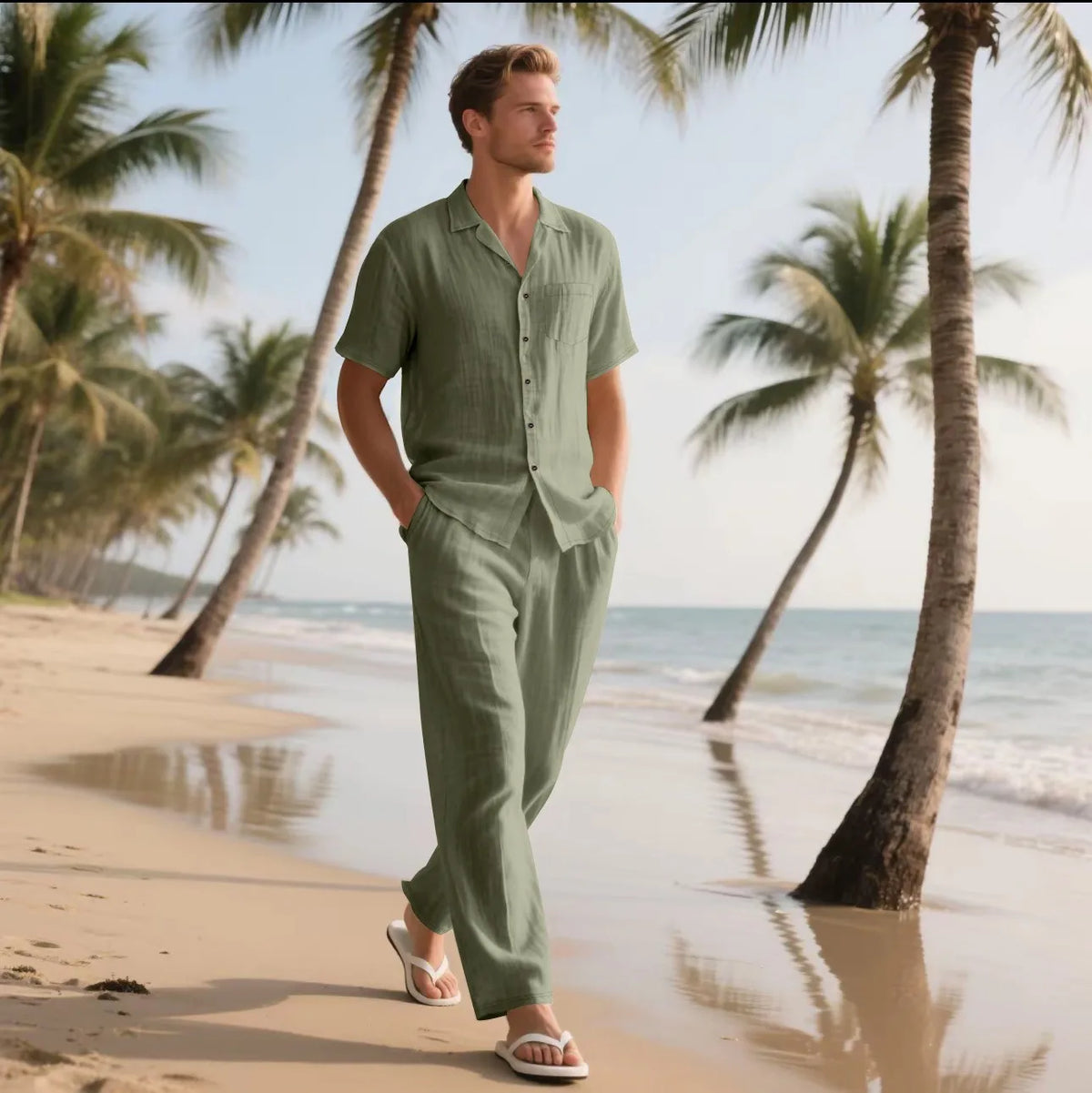 Conjunto Masculino Linho Verao - Camisa Manga Curta e Calcas Praia