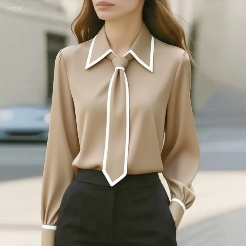 Blusa Feminina Formal com Laco - Manga Comprida Acabamento Contrastante