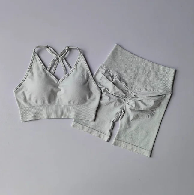 Conjunto Desportivo Feminino | Sutiã V-Back + Calções de Cintura Alta | Yoga & Treino