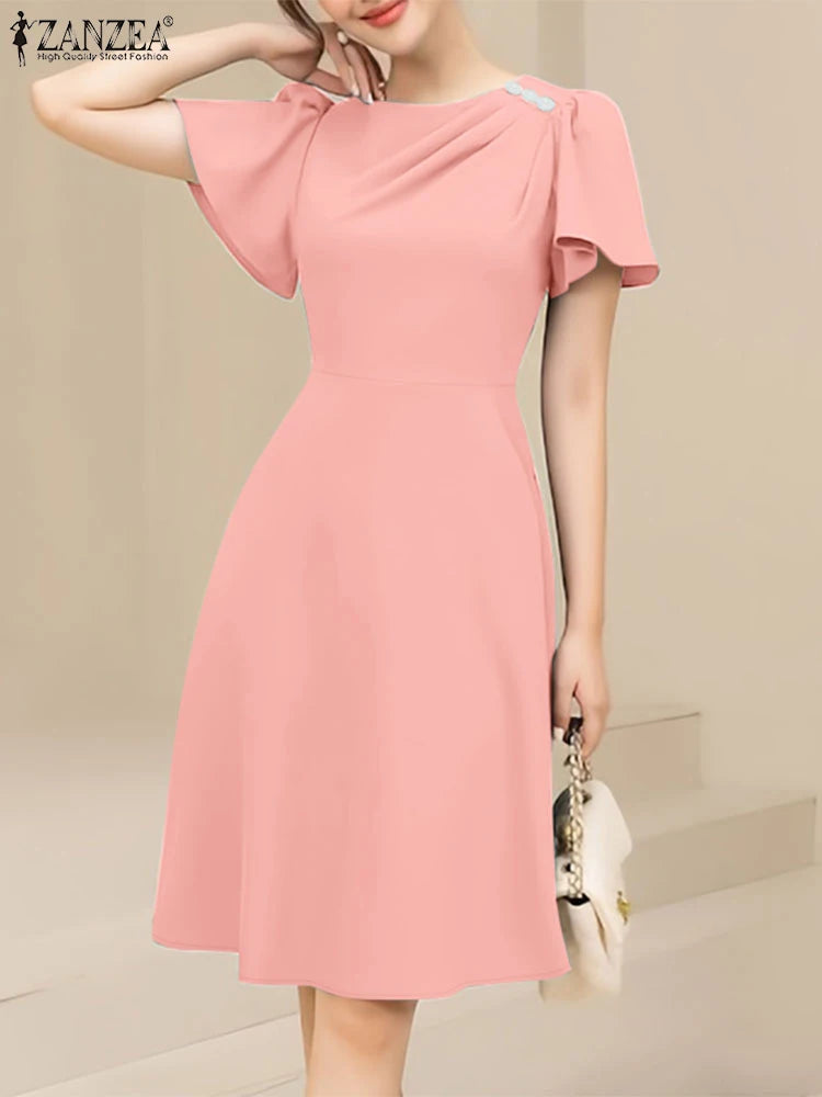 Vestido Feminino Elegante ZANZEA - Manga Curta Comprimento ao Joelho