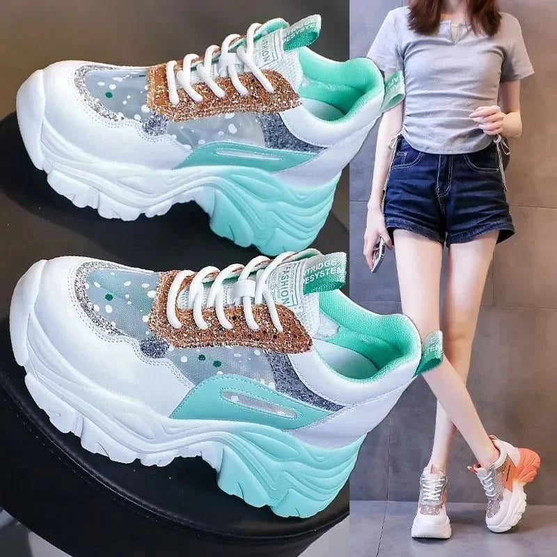 Sapatilhas Femininas Mesh com Lantejoulas | Plataforma Plana | TUDOAKI SHOP