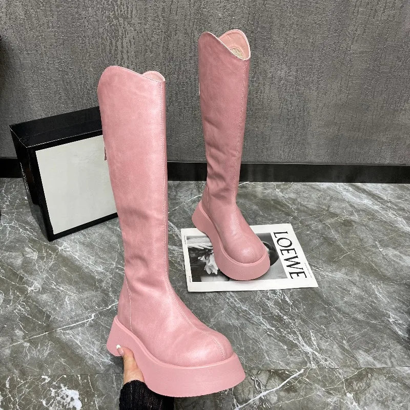 Botas Altas Femininas com Plataforma e Fecho Zip — Estilo Coreano Inverno