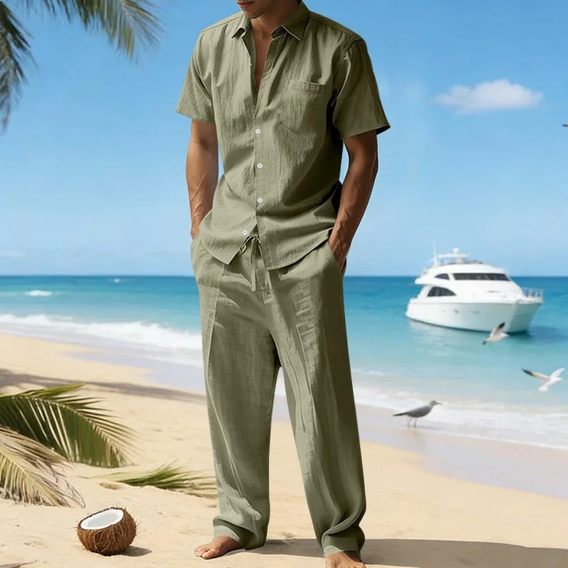 Conjunto Masculino Linho Verao - Camisa Manga Curta e Calcas Compridas