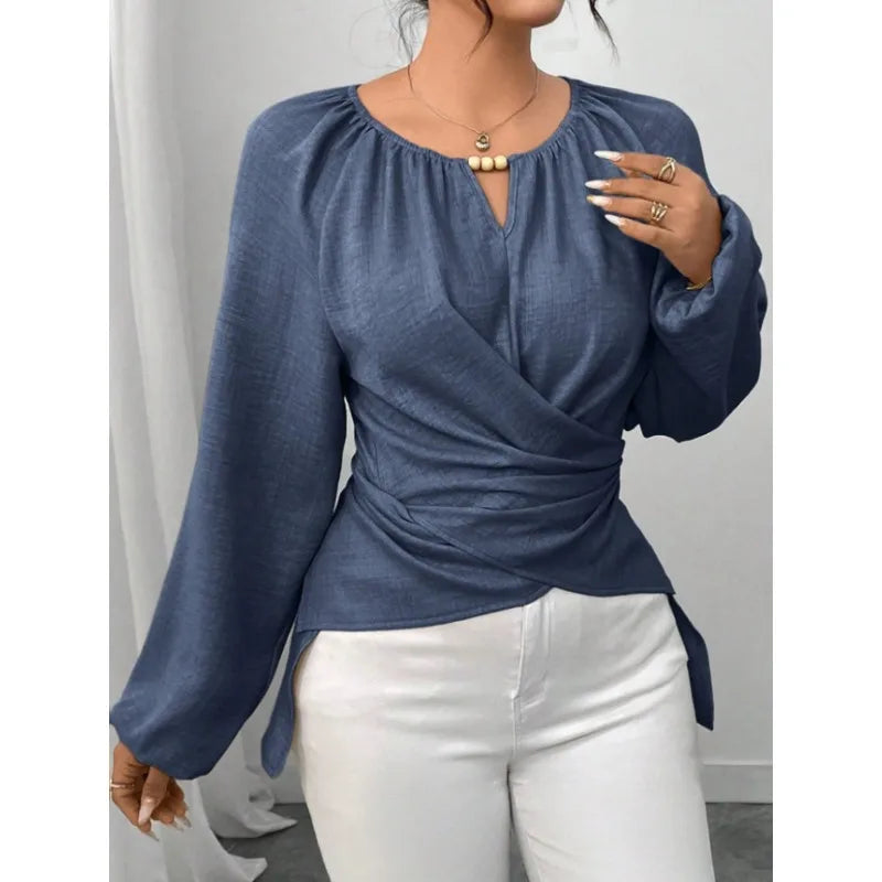 Blusa Feminina Elegante - Gola Redonda Perolas e Mangas Lanterna