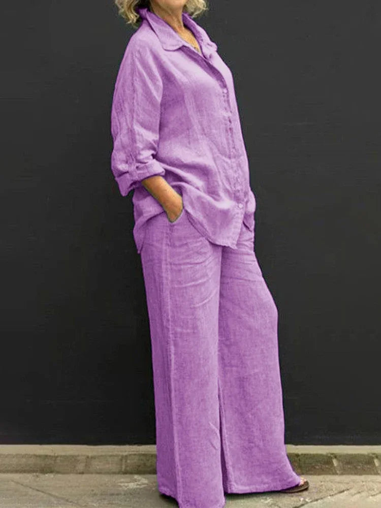 Conjunto Feminino de Linho - Blusa de Botoes e Calcas de Perna Larga