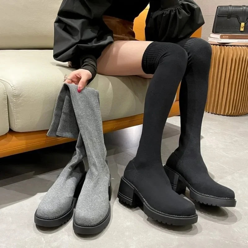 Botas Over-the-Knee Femininas com Plataforma — Estilo Cowboy Ocidental Elástico
