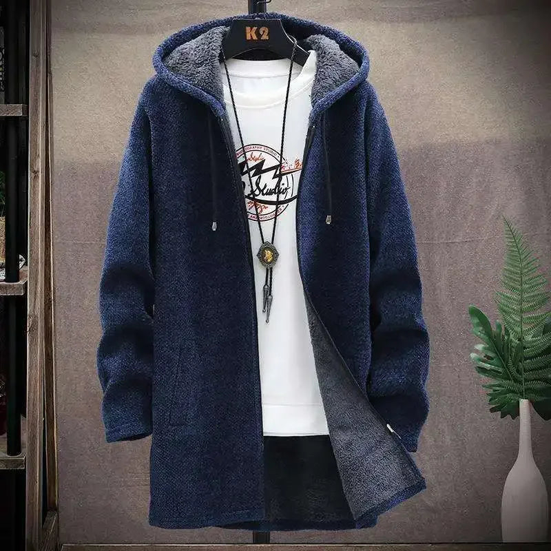 Camisola Cardigan Masculina Slim com Capuz e Forro de Velo | Casaco Longo Quente 2026
