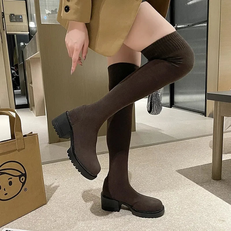 Botas Over-the-Knee Femininas com Plataforma — Estilo Cowboy Ocidental Elástico