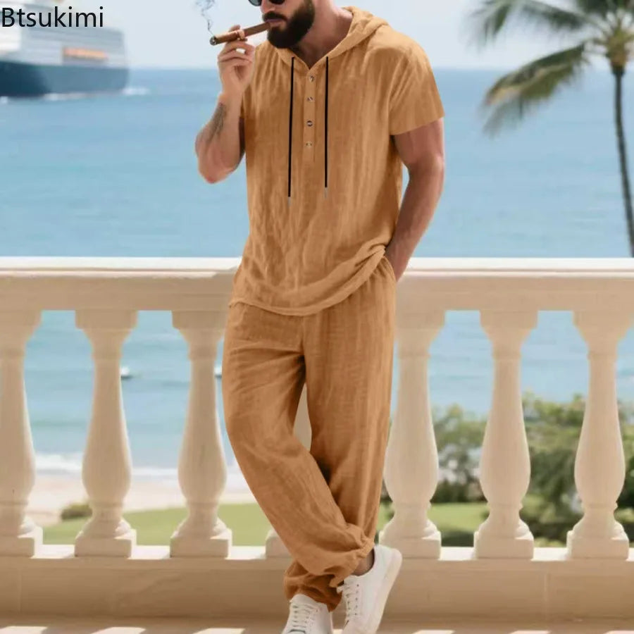 Conjunto Masculino Linho com Capuz - Hoodie e Calcas de Perna Larga