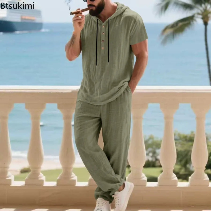 Conjunto Masculino Linho com Capuz - Hoodie e Calcas de Perna Larga
