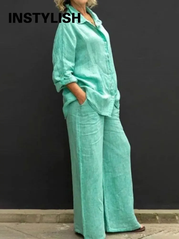 Conjunto Feminino de Linho - Blusa de Botoes e Calcas de Perna Larga