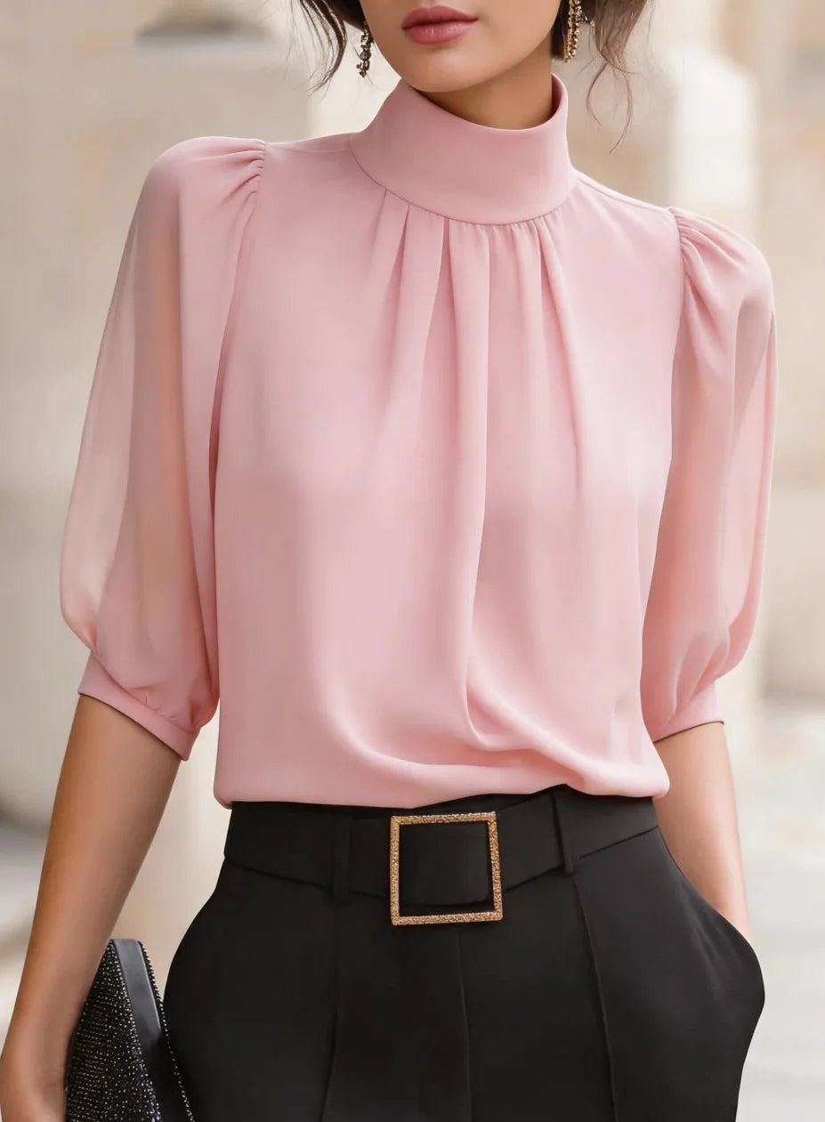 Blusa Feminina Elegante - Gola Alta Mangas Bufantes Chiffon