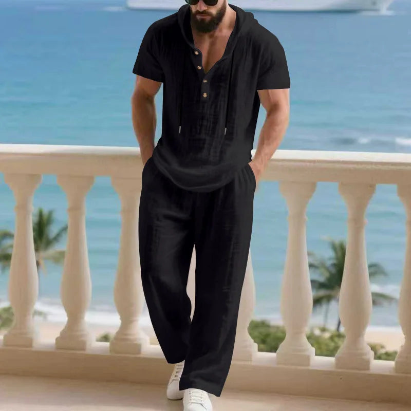 Conjunto Masculino Linho com Capuz - Hoodie e Calcas de Perna Larga
