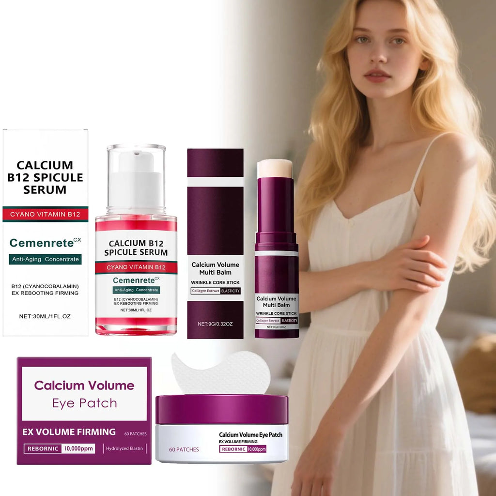 Kit Skincare Anti-Envelhecimento com Cálcio — Sérum, Patches e Bálsamo