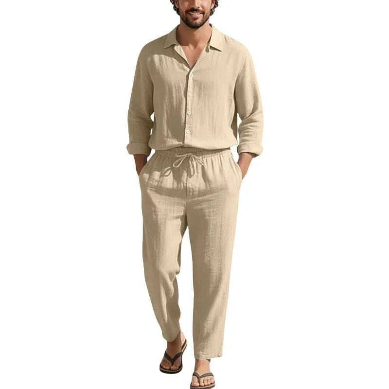 Conjunto Masculino Linho Manga Comprida - Camisa Protecao Solar e Calcas