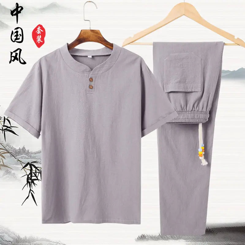 Conjunto Masculino Algodao Linho - T-shirt e Calcas Estilo Chines