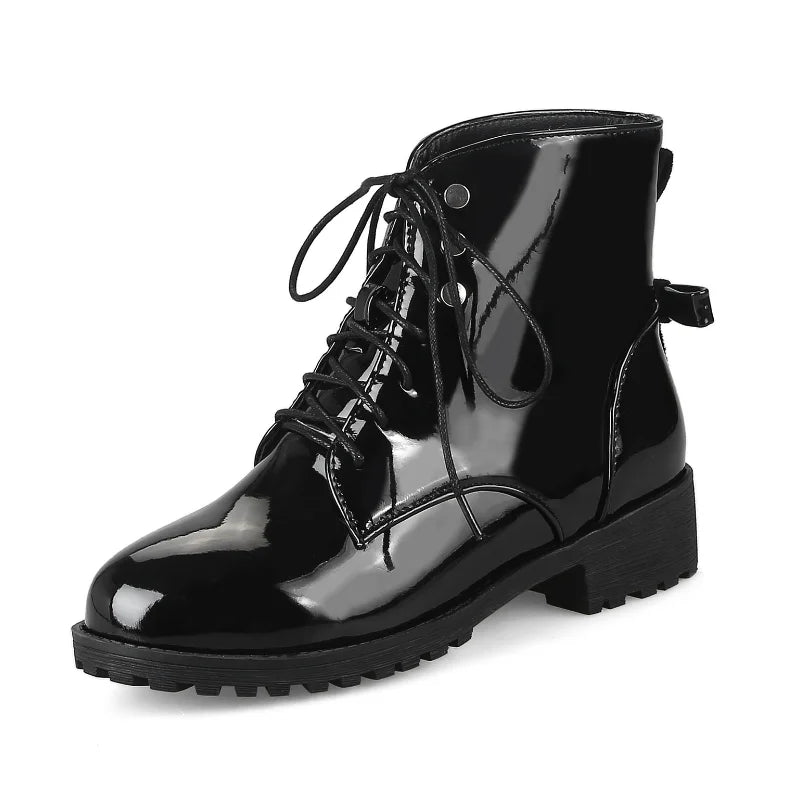 Botins Combat Femininos em PU com Atacadores e Plataforma — Outono Inverno