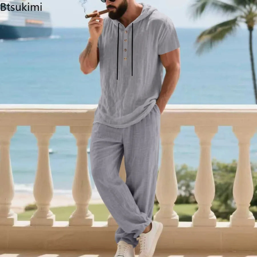 Conjunto Masculino Linho com Capuz - Hoodie e Calcas de Perna Larga