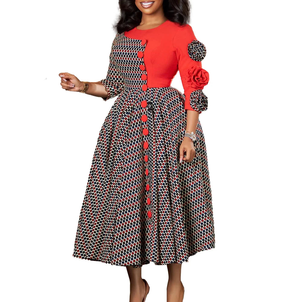 Vestido Longo Africano com Flores 3D e Xadrez | Manga 3/4 | Festa e Gala