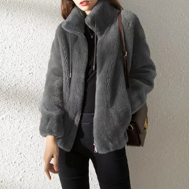 Casaco Feminino Dupla Face com Veludo e Gola Alta | Elegante Retro de Inverno