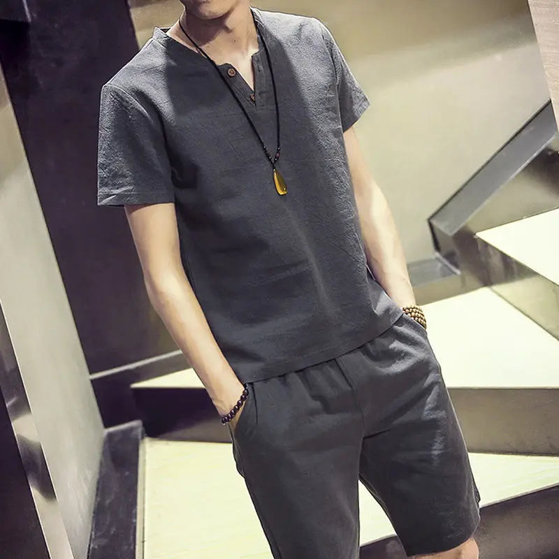 Conjunto Masculino Algodao Linho - T-shirt e Calcas Estilo Chines