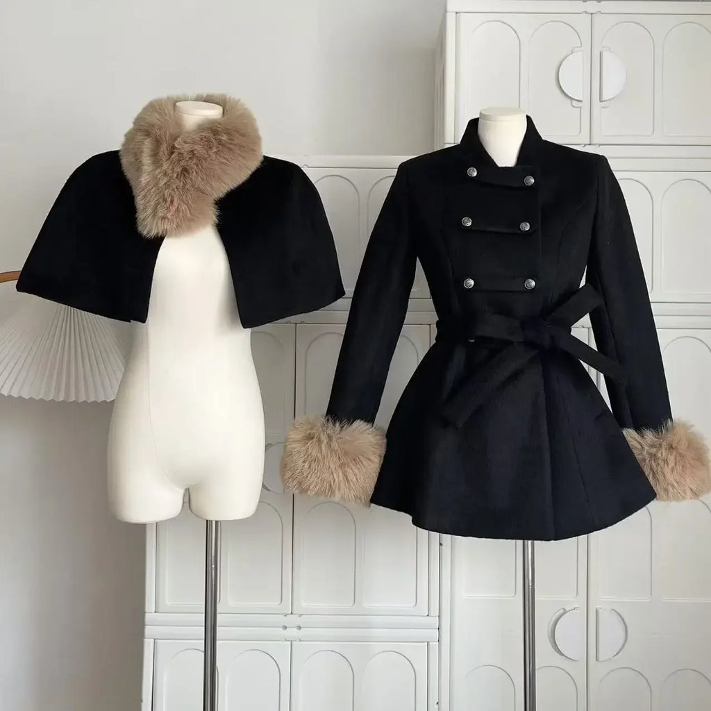 Casaco Vintage Francês de Lã com Capa | Trench Coat Retro Feminino de Inverno