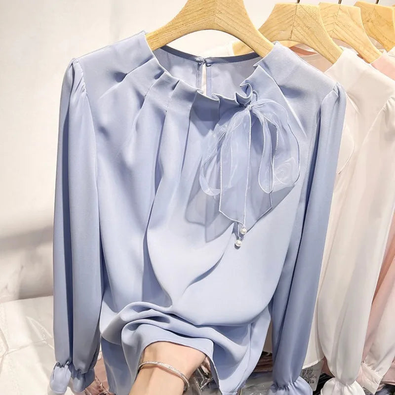 Blusa Feminina Chiffon com Laco e Renda - Manga Comprida Estilo Coreano