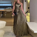 Vestido Longo Dourado Festa 1 Ombro Franzido Elegante