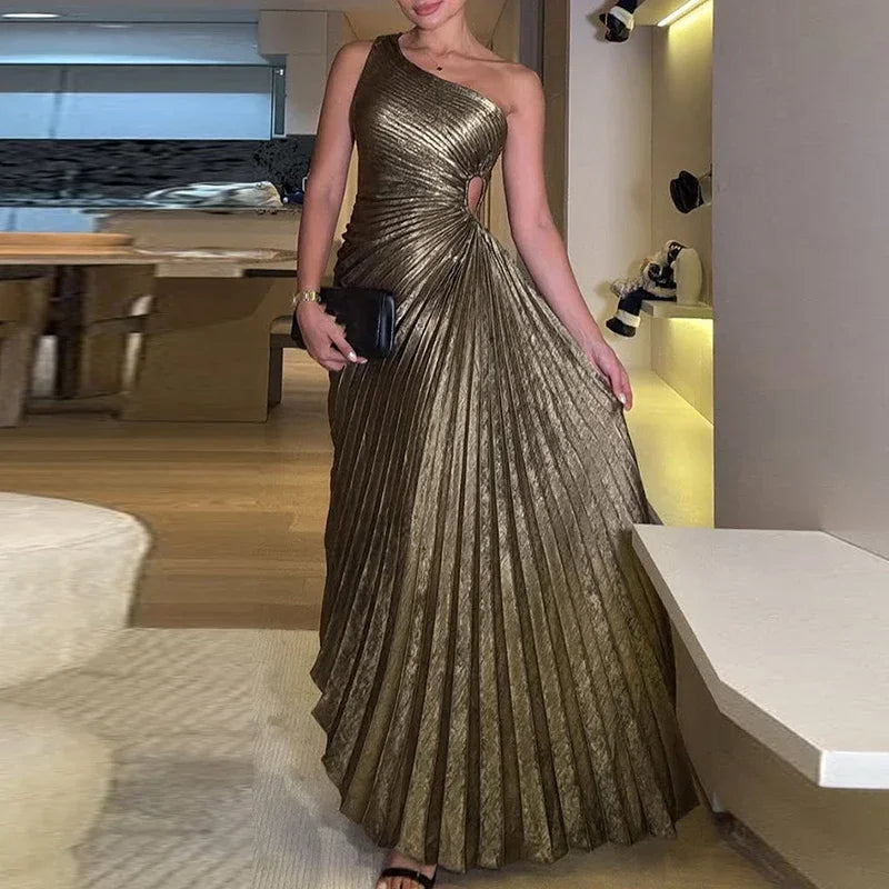 Vestido Longo Dourado Festa 1 Ombro Franzido Elegante