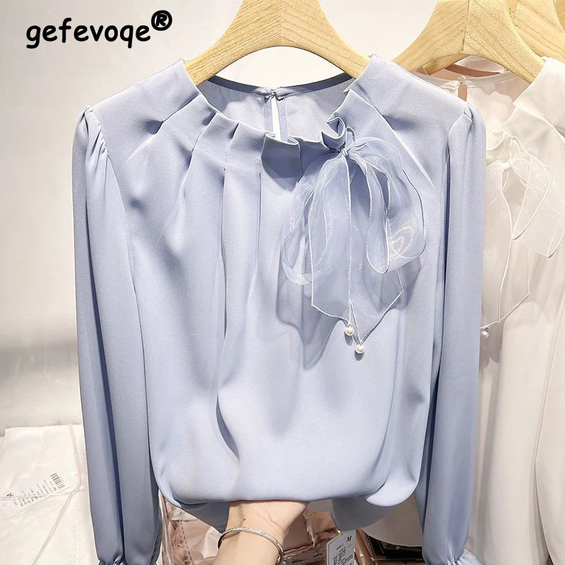 Blusa Feminina Chiffon com Laco e Renda - Manga Comprida Estilo Coreano