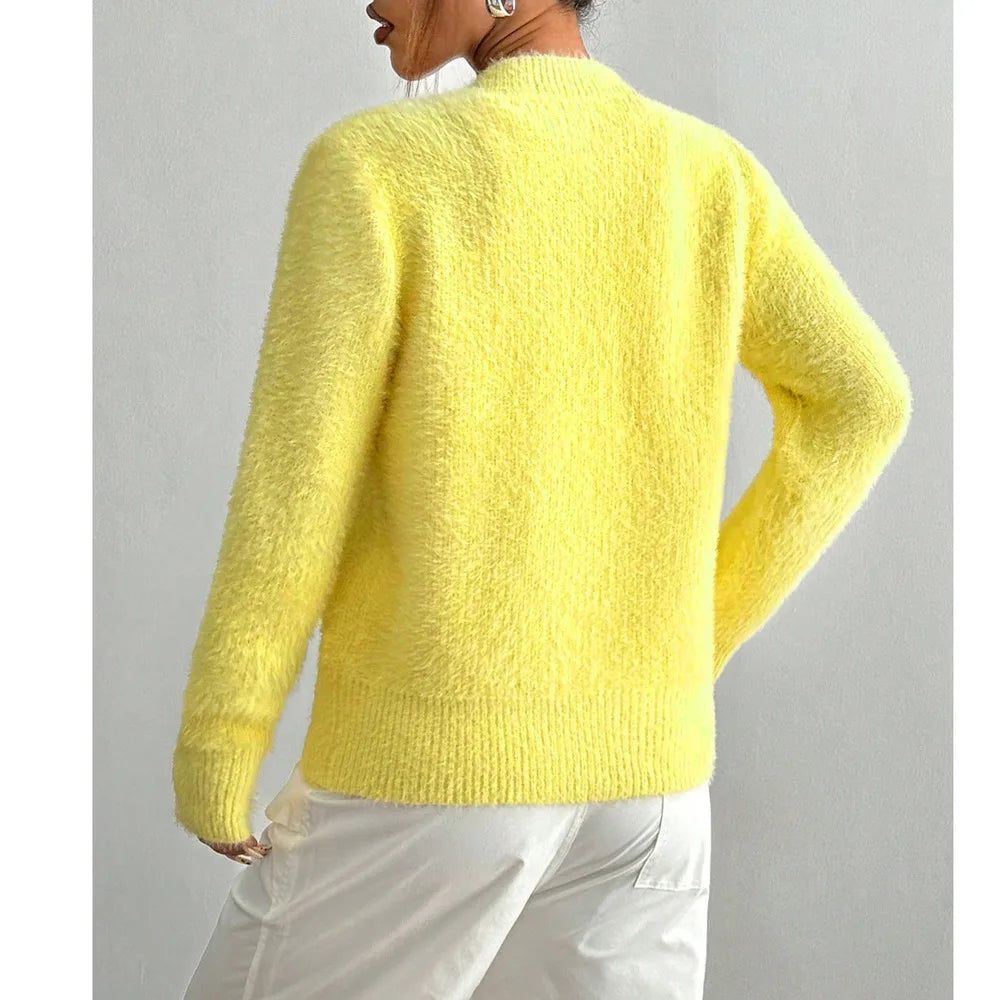 Camisola Cardigan Feminina Amarela com Botões Coração | Malha Outono Inverno